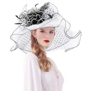 Women Organza Church Derby Hat Dots Flower Wide Brim Sun Hats For Wedding 2191